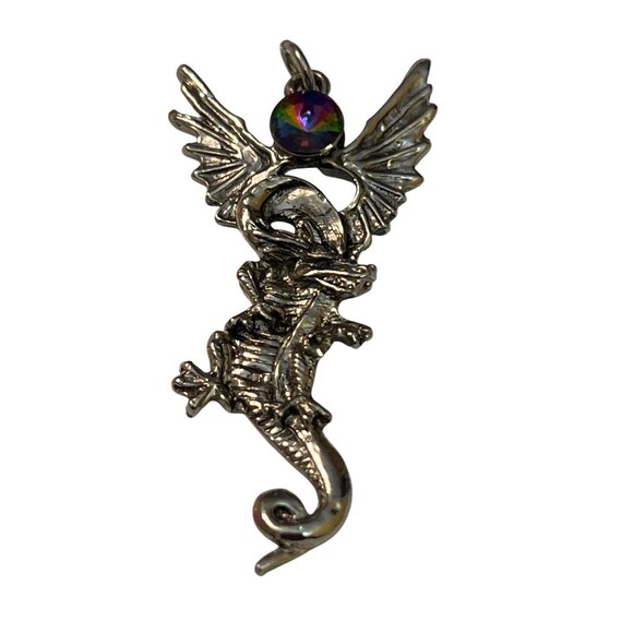 Dragon Pendant With Rainbow Crystal Accent Silver Tone Winged 2.25" tall - Picture 1 of 4